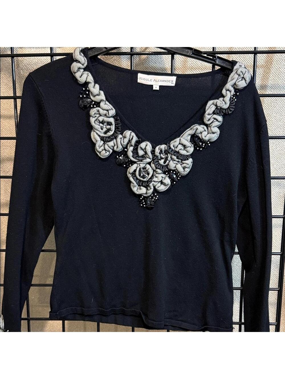 Black V-Neck Sweater with Gray Accents